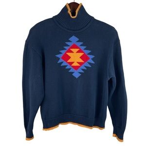 Liz & Co. Vintage |  Navy Gold Trim Aztec Mock Neck Sweater